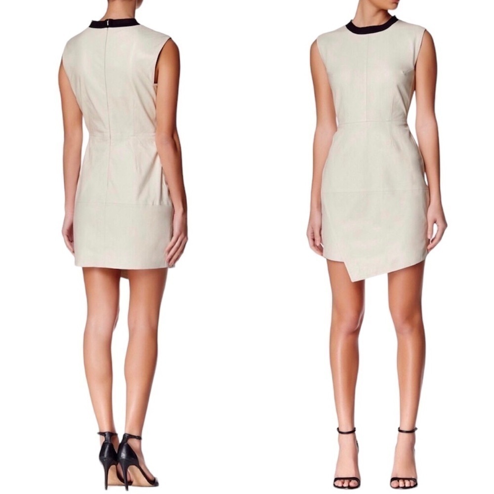 Trina Turk Dalia Ivory Cream Lamb Leather Asymmetrical Hem Dress Size 2